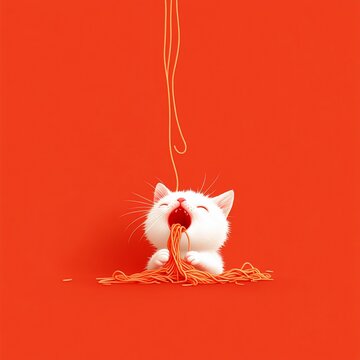 Cute cat enjoying a bowl of spaghetti on a bright background.