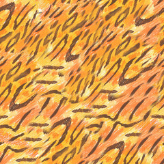 Texture tiger wax crayons seamless pattern on white isolated background. Texture and animal repeating pattern. Design for textiles, wrapping paper and wallpaper.