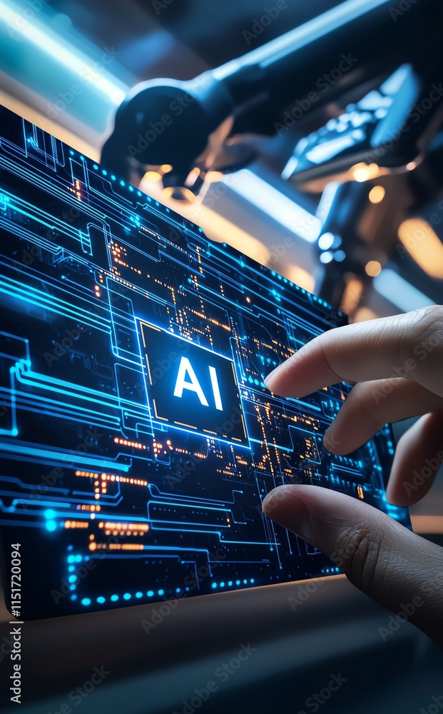 Aufkleber a close-up of a robotic hand interacting with a digital screen displaying ai technology, symbolizing