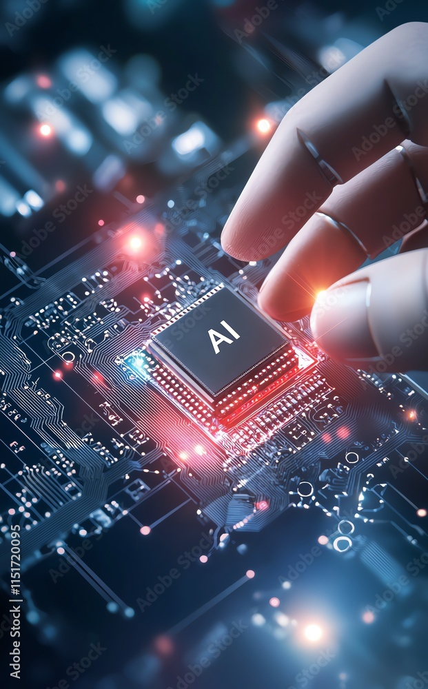 Aufkleber a hand interacts with a glowing ai microchip on a circuit board, symbolizing advanced artificial int