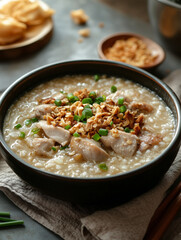 Traditional Filipino arroz caldo with tender chicken, garnished with green onions and fried garlic, cozy bowl setup, warm lighting