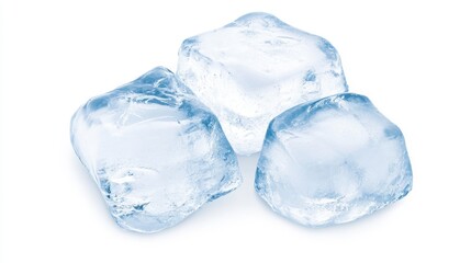 Fototapeta premium Three clear ice cubes are shown, highlighting their smooth surfaces and reflective properties against a white background.