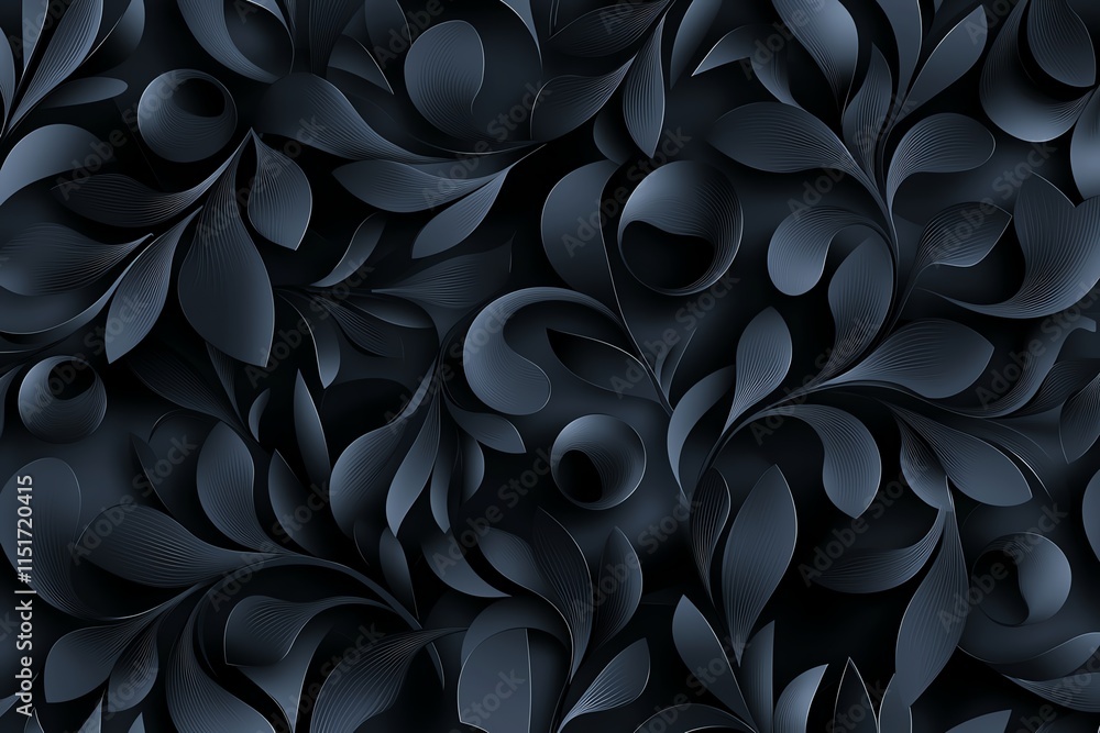 Poster dark abstract floral pattern with intricate swirling leaf shapes creating a seamless background, per