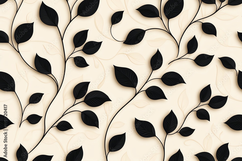 Poster elegant pattern features black leaves on a textured beige background, creating a harmonious and styl