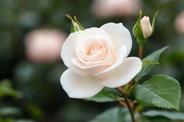 A close-up view of a beautiful blooming white rose surrounded by vibrant green leaves, capturing the essence of natural beauty and elegance in a garden setting.