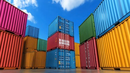 Fototapeta premium A vibrant arrangement of colorful shipping containers stacked against a bright blue sky.