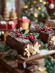 Traditional yule log cake with chocolate frosting and powdered sugar, decorated with holly, festive holiday setting 