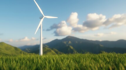 A serene landscape featuring a wind turbine surrounded by lush greenery, rolling hills, and a clear sky with soft clouds.