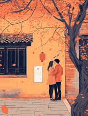 Romantic Scene with Couple Embracing Beneath Falling Leaves, illustration art