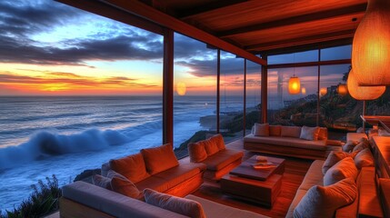 Fototapeta premium Coastal Living Room with Plush Sofas, Warm Ambiance, and Spectacular Waves Crashing on the Shoreline.