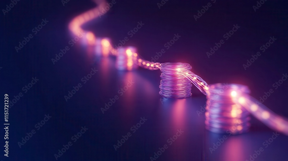 Aufkleber a glowing, winding strand of light coils around luminous circular forms against a dark background, c