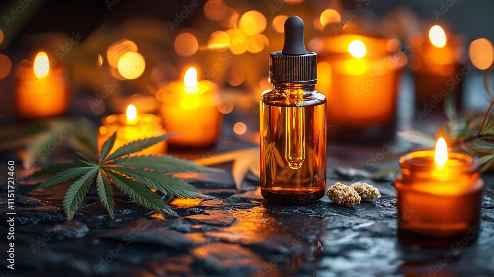 Poster a serene nighttime setting with a cannabis sleep tincture bottle illuminated by soft ambient lightin