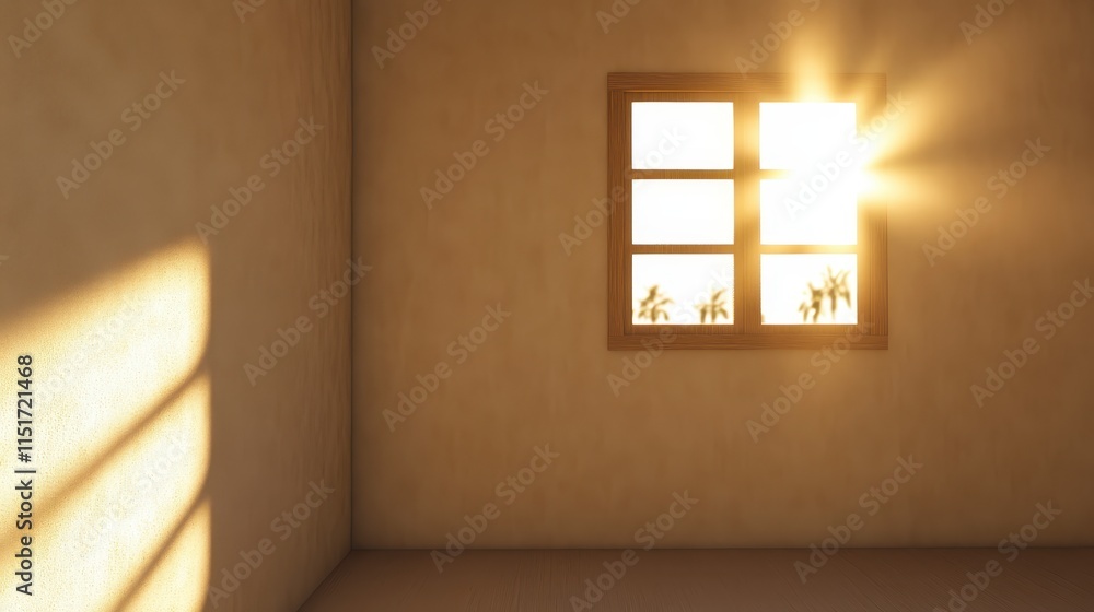 Poster a sunlit room with a window casting warm light, creating shadows on the walls and emphasizing a sere