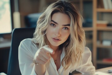 Fototapeta premium woman in a sleek skinny suit stands against a blurred cityscape, embodying professionalism, success, and modern business sophistication