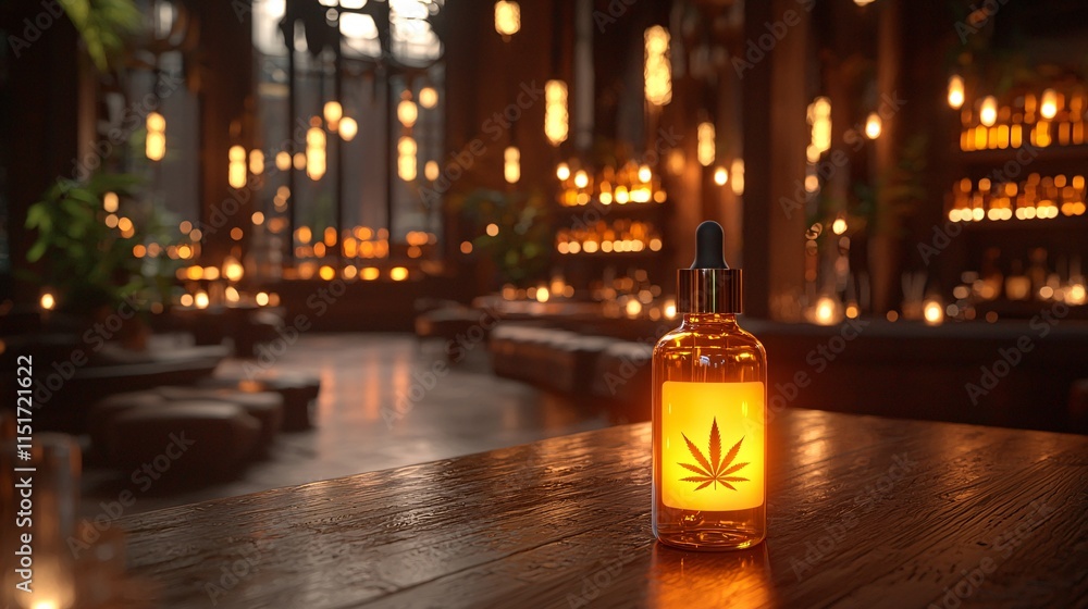 Aufkleber a serene nighttime setting with a cannabis sleep tincture bottle illuminated by soft ambient lightin