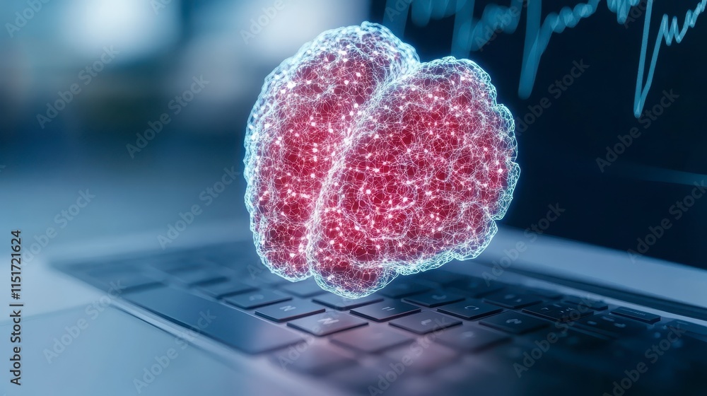 Aufkleber a digital brain model appears on a laptop, symbolizing the fusion of technology and neuroscience, wi