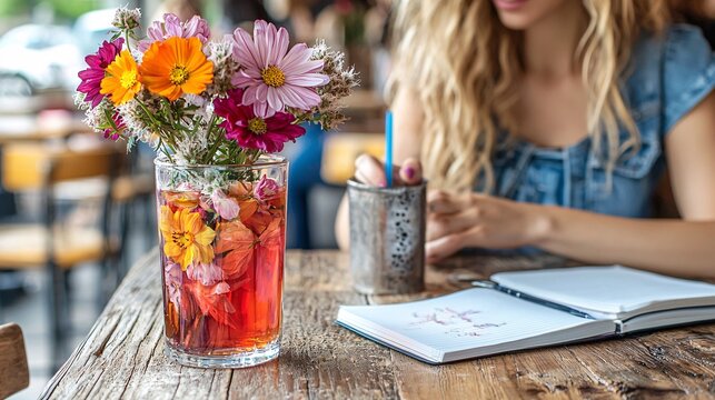 A tranquil scene of a woman journaling at a wooden table with a cup of cannabis tea and a vase of fresh flowers Stock Photo with side copy space