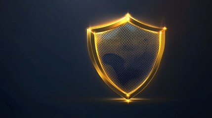 Golden metal shield with a mesh texture on a dark blue background, vector illustration, flat design