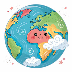 A cartoon Earth planet features bright colors, simplified continents
