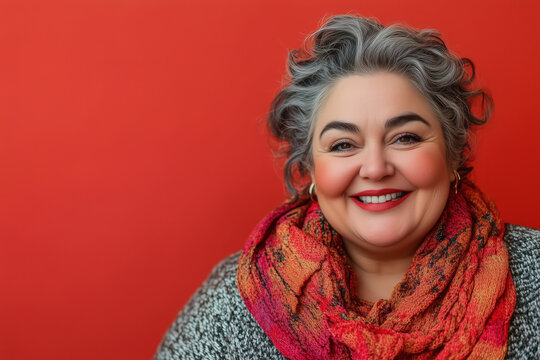 Portrait of attractive smiling plus size middle age woman with curly hair.