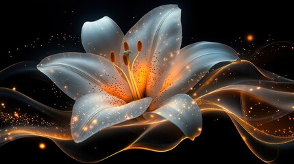 Glowing white lily with orange smoke trails on black background.