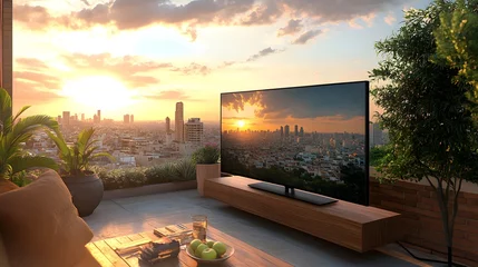 Selbstklebende Fototapeten Bright sunset illuminates a city skyline reflected on a modern 3D TV with landscape view, creating a serene ambiance. © Faaiq