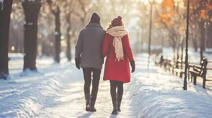 A couple enjoying a serene walk in a snow-covered park with warm scarves 