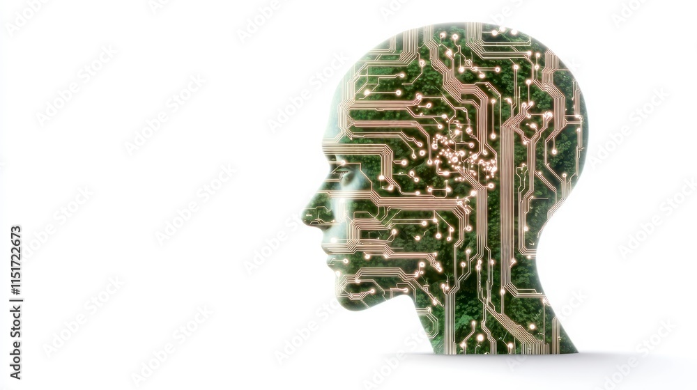 Poster a digital silhouette of a human head filled with circuit patterns, symbolizing the intersection of t