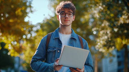Young man outdoors with laptop in casual jacket and glasses