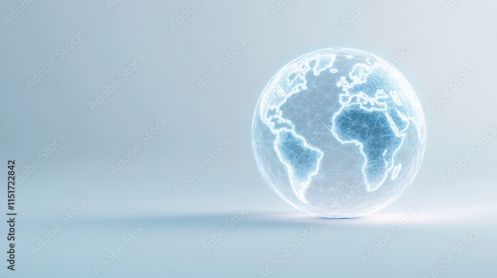 Poster a translucent globe with illuminated continents, symbolizing global connectivity and technology, set