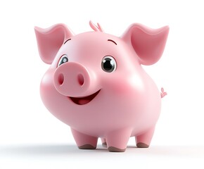 Fototapeta premium Adorable cartoon piglet, cheerful expression, pink, 3D rendering, isolated on white background.