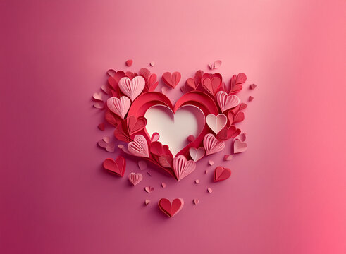 A large heart shape is formed from many smaller layered paper hearts in shades of pink and red against a pink background.  The design is romantic and delicate.