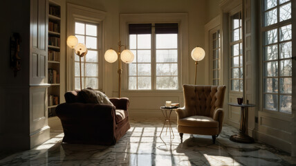 cozy reading nook featuring plush armchair and velvet sofa, illuminated by stylish floor lamps. marble floor adds elegance, while large windows provide natural light