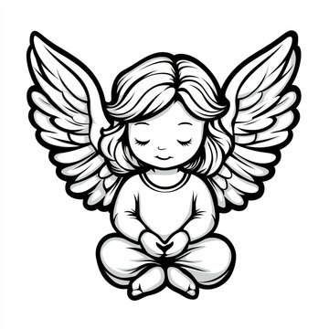 recommend clip art: Cute meditating angel with wings, black and white line art illustration.