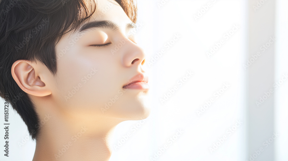 Poster 若くてかっこいいアジア人男性モデルの横顔に日差しが当たって輝いている。美肌にフォーカスした美容ポートレート。