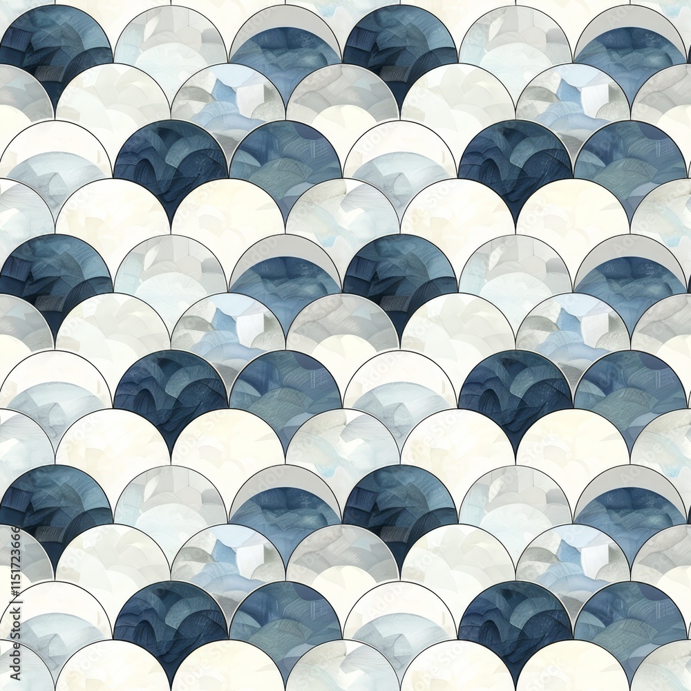Poster abstract seamless pattern with overlapping scalloped circles in indigo, azure and white