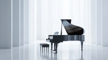 Modern studio performance playful melody with glossy black grand piano in minimalist space