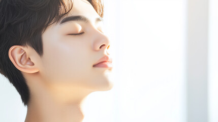 若くてかっこいいアジア人男性モデルの横顔に日差しが当たって輝いている。美肌にフォーカスした美容ポートレート。