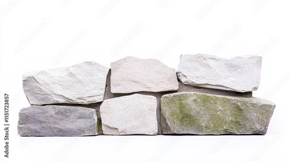 Poster a set of weathered stones arranged in a row, showcasing various textures and colors against a plain 
