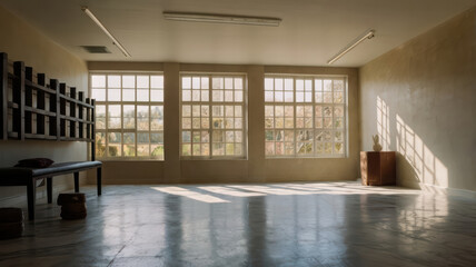 tranquil yoga studio with large windows, marble flooring, and natural light creating serene atmosphere. Perfect for relaxation and mindfulness practices