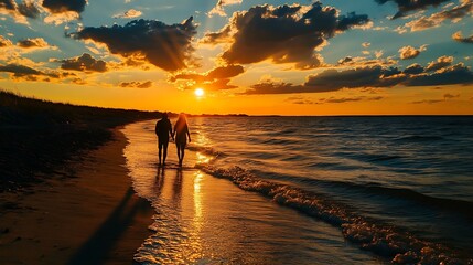Fototapeta premium A couple enjoying a sunset walk along a peaceful beach