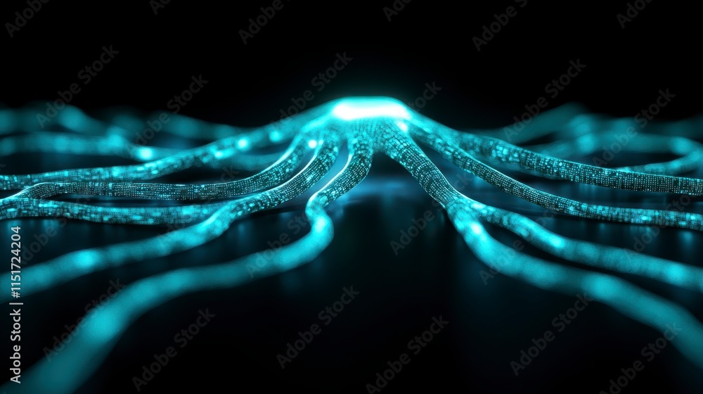 Poster a visual representation of glowing, flowing lines resembling an abstract wave or tentacle form again
