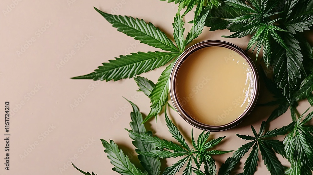 Aufkleber a close-up of a cannabis-infused lip balm in an open tin with cannabis leaves artfully scattered aro