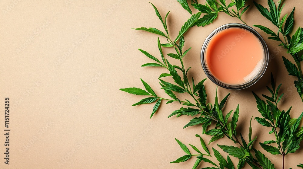 Aufkleber a close-up of a cannabis-infused lip balm in an open tin with cannabis leaves artfully scattered aro