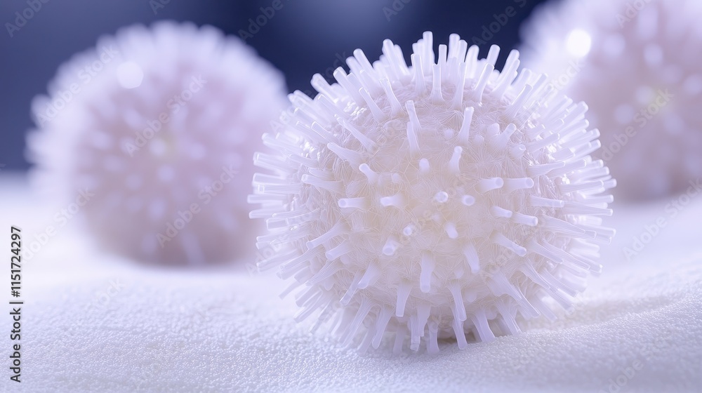 Poster the image features soft, spherical shapes with spiky textures, appearing in a light color against a 