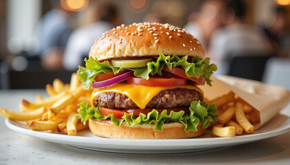 Delicious cheeseburger with lettuce, tomato, and onion served with French fries on a plate