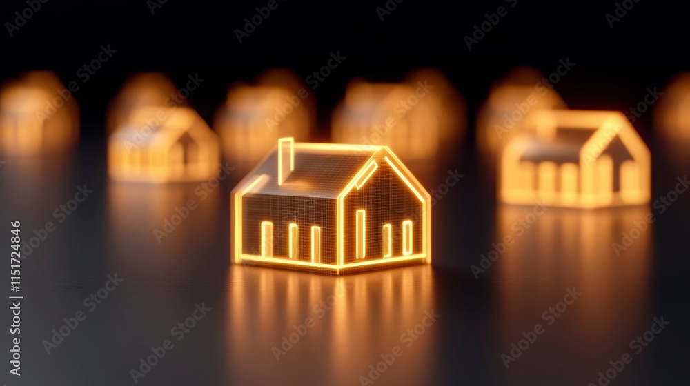 Poster a close-up of illuminated miniature houses set against a dark background, creating a warm and inviti