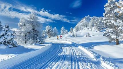 Fototapeta premium Winter Wonderland Cross-Country Ski Trail Through Snow-Covered Forest Leading to Majestic Mountains