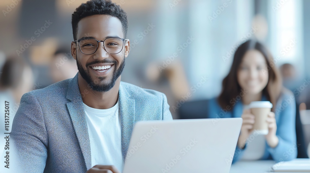 Poster smiling professional working on laptop in office. the background shows a colleague enjoying coffee. 