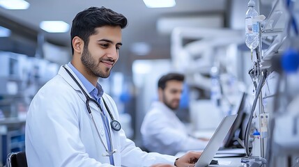 Medical professionals working in a modern laboratory, focusing on research and data analysis.